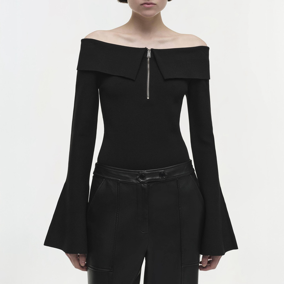 NWT SIMKHAI Rebecka Off Shoulder Knit Top in Black Sweater $395 - Size XS - Picture 3 of 6